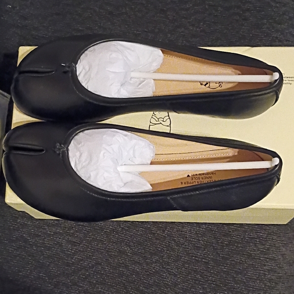 WoodChuckSato  Tabi Black Leather Ballet Flats - Picture 3 of 8